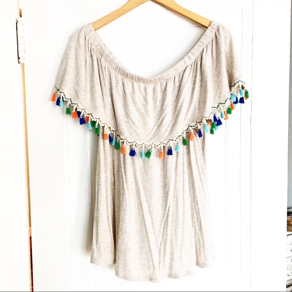 Pebble And Stone Off The Shoulder Top With Tassels